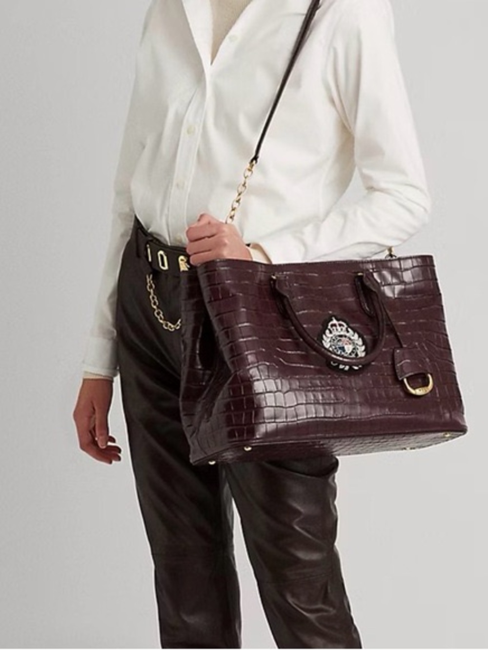 Ralph Lauren Bullion Large Marcy Satchel Croc-Embossed Mahogany Leather Bag - Picture 2 of 16